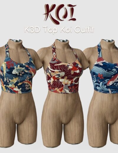 Koi print crop tops for Genesis 9 on wooden mannequins