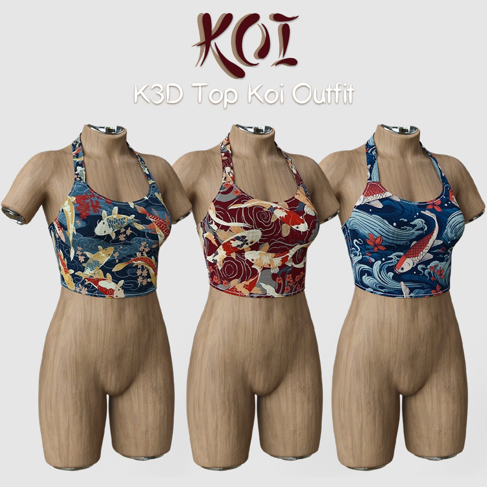 K3D Top Koi Outfit for G9 1 Koi print crop tops for Genesis 9 on wooden mannequins