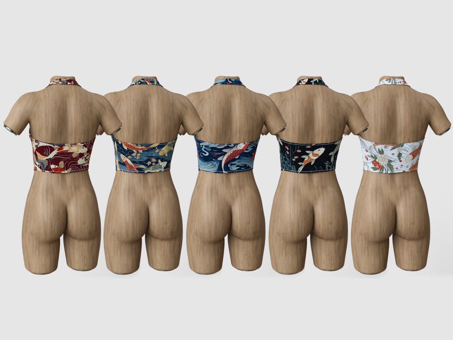 K3D Top Koi Outfit for G9 6 Back view of koi print crop tops on wooden mannequins