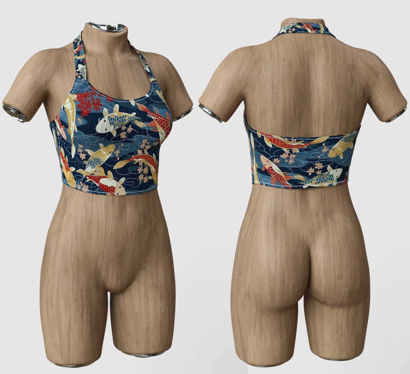 K3D Top Koi Outfit for G9 3 Japanese koi print halter crop top on wooden Genesis 9 mannequin