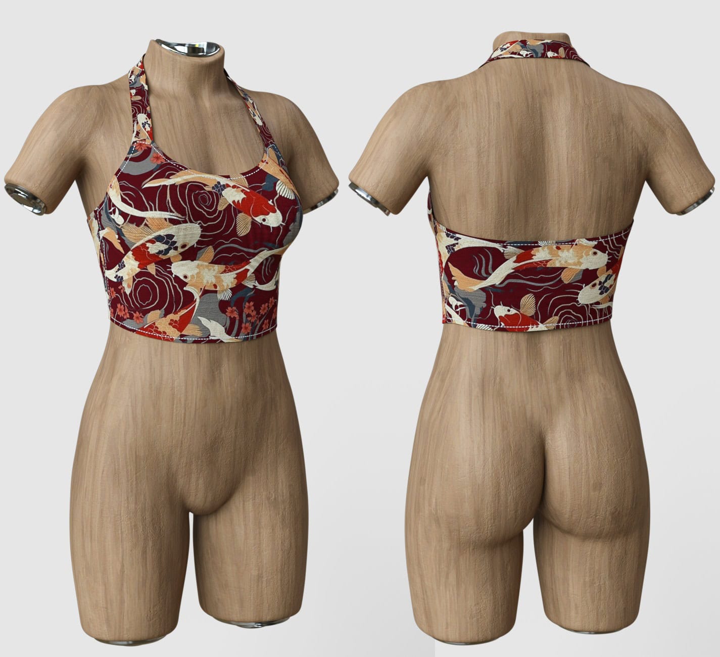 K3D Top Koi Outfit for G9 4 Burgundy koi fish halter crop top on polished wooden mannequin, front and back views