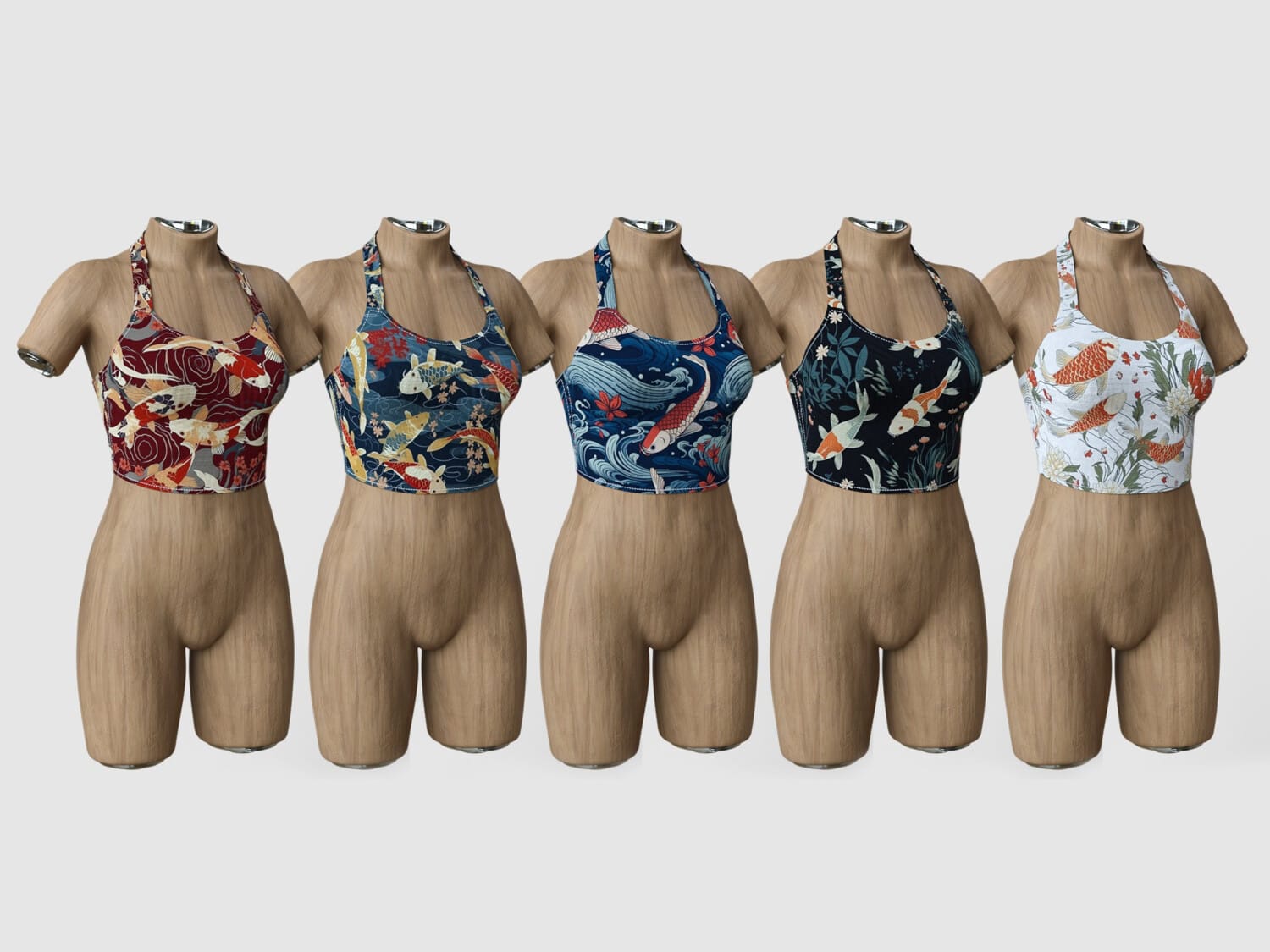 K3D Top Koi Outfit for G9 5 Koi fish sports bra collection on wooden mannequins for Genesis 9