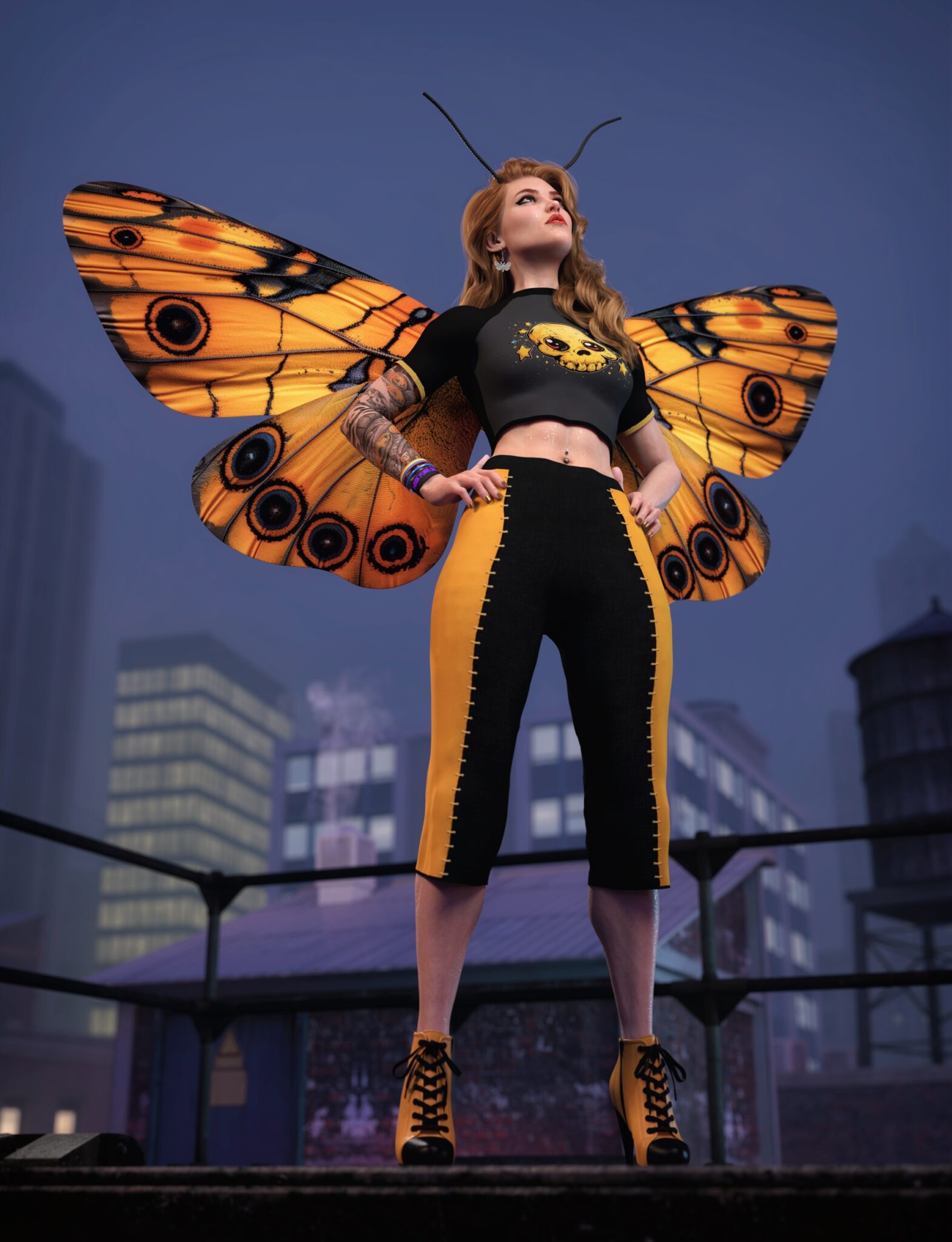 Moth girl rooftop guardian with glowing butterfly wings and black-yellow fantasy outfit at twilight