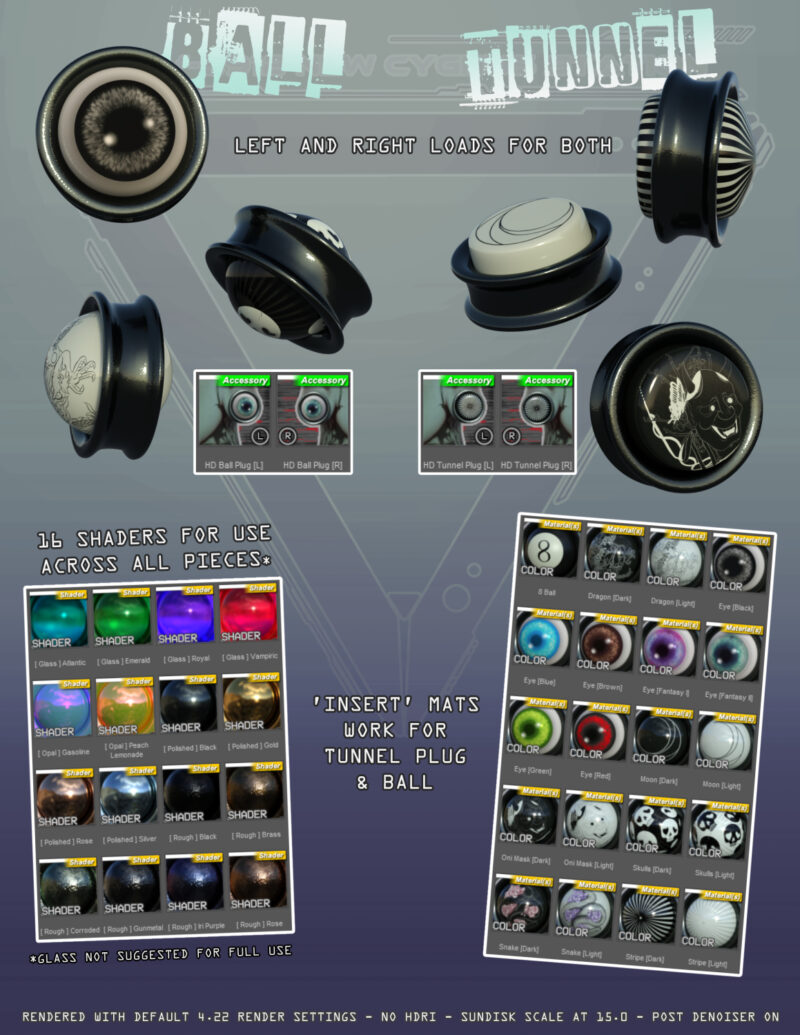 Multiple views of the ball and tunnel plugs with different mats. The bottom shows an icon list of shaders.