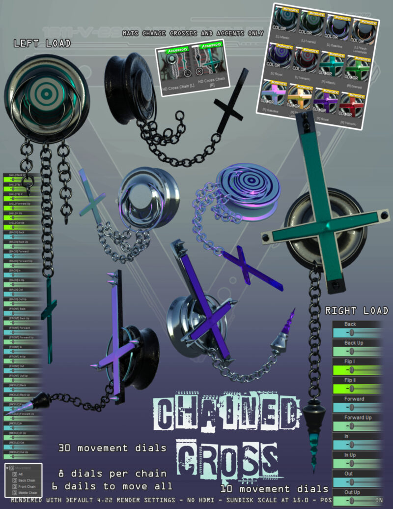 The left and right loads of the Chained Cross plugs showing different shader examples and movements