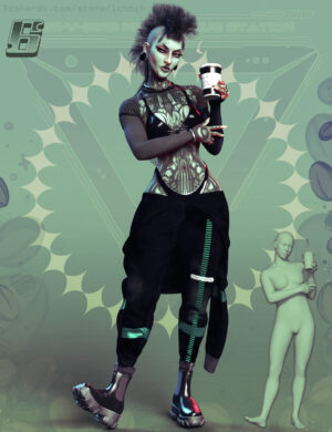 Image of a figure with a coffee cup in their left hand raised to shoulder height. Their right leg is extended to rest their heel of their boot against the ground with the toe pointed up. Their right arm is crossed over their ribs, lightly touching their left elbow as the smile at the camera.