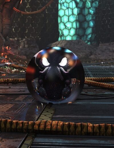 Glowing tentacled alien trapped in glass sphere on sci-fi floor with cables