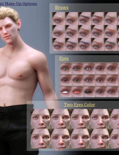 Carter Genesis 8 Male fantasy elf face options with brows, eyes, and heterochromia