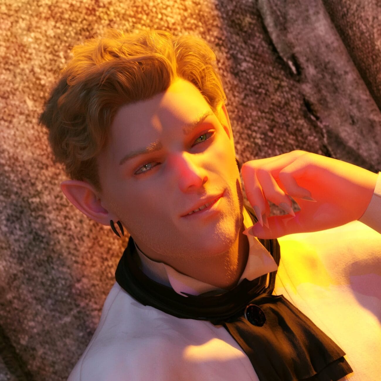 Elven nobleman portrait with pointed ears, wavy hair, and warm golden fantasy lighting