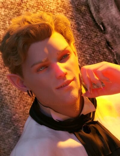 Elven nobleman portrait with pointed ears, wavy hair, and warm golden fantasy lighting