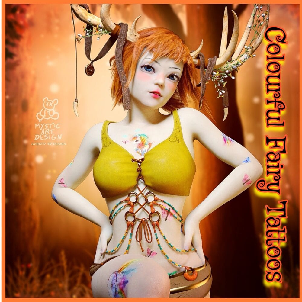 Colorful tattooed woodland fairy with deer antlers, orange hair, and fantasy outfit