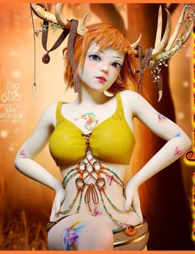 Colorful tattooed woodland fairy with deer antlers, orange hair, and fantasy outfit
