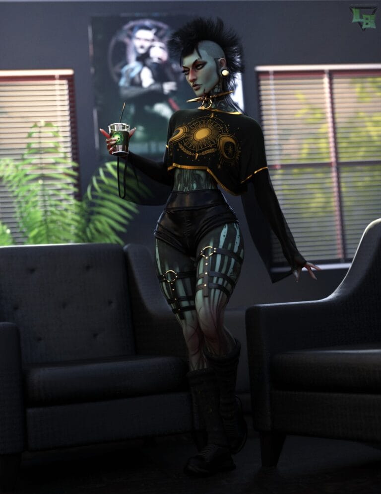 Cyberpunk mohawk rebel holding iced coffee in futuristic lounge
