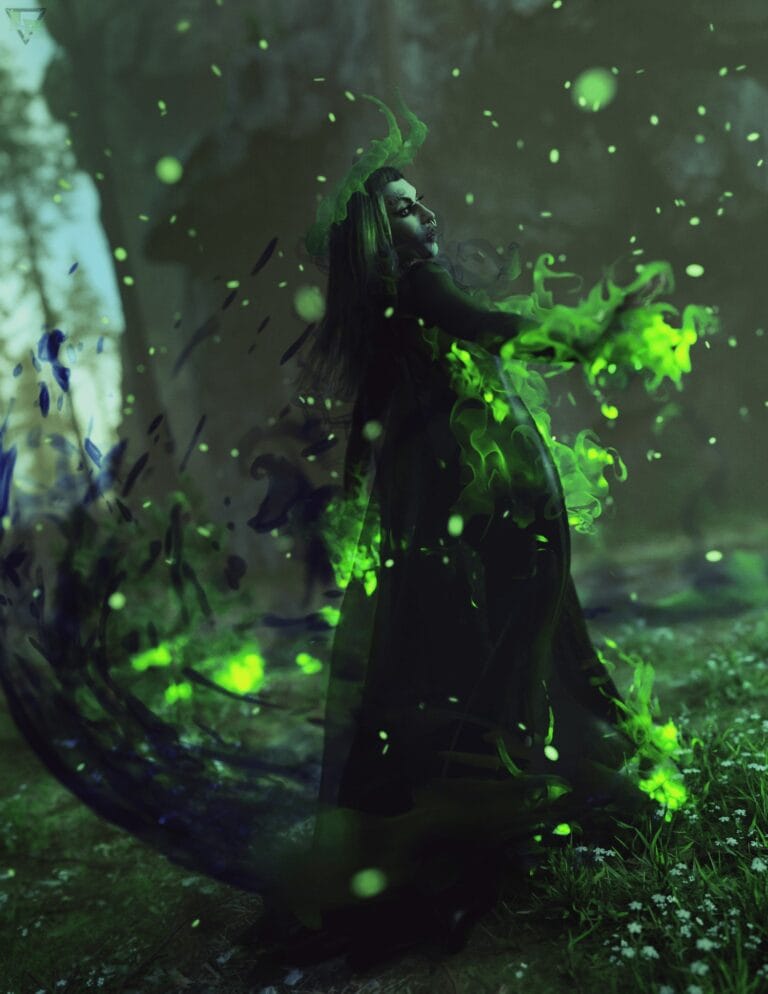 Dark fantasy witch casting green fire in a haunted forest