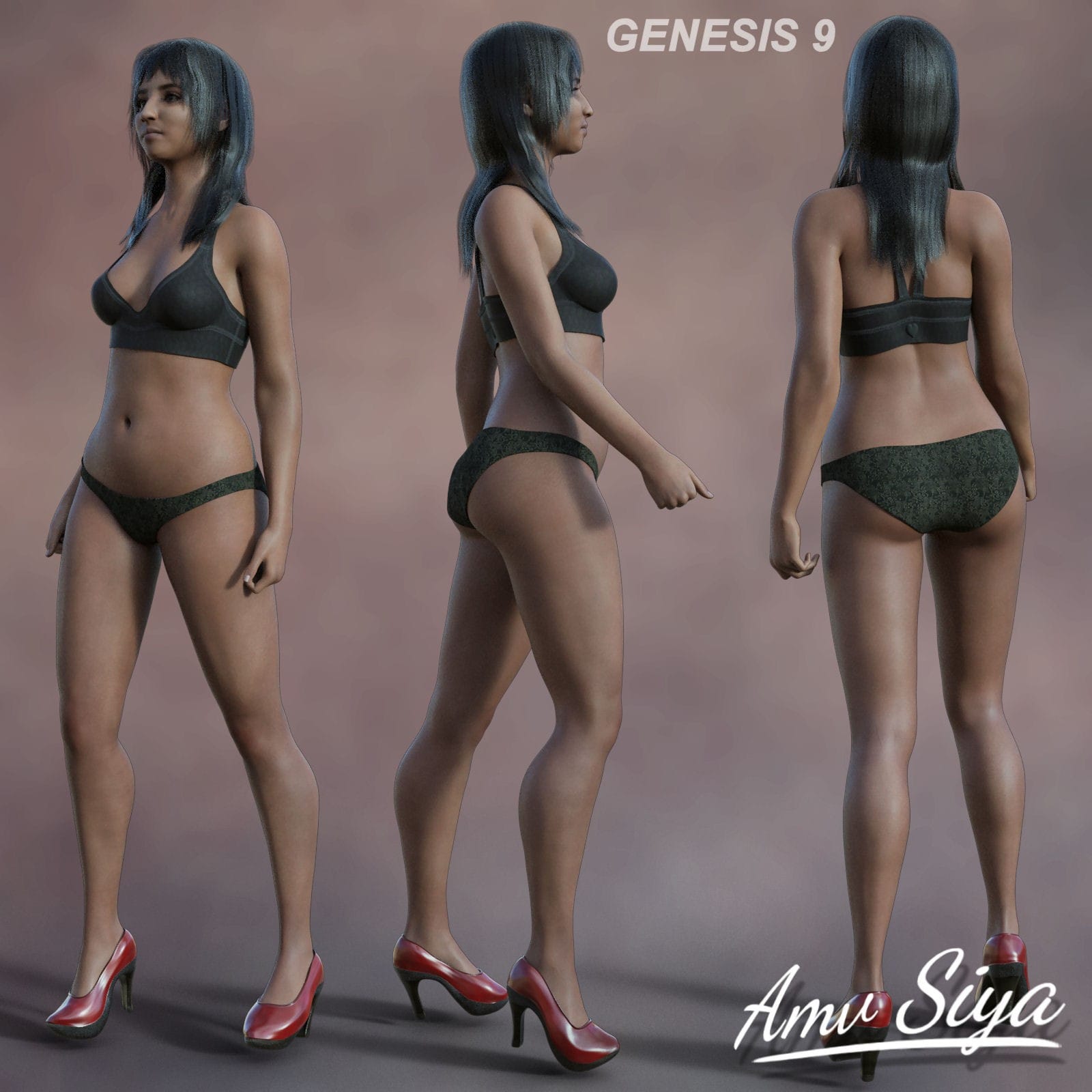Siya Genesis 9 Daz Studio female 3D model in three views