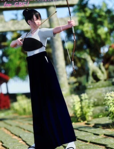 Kyudo uniform for Genesis 8 Female drawing yumi bow at Japanese shrine
