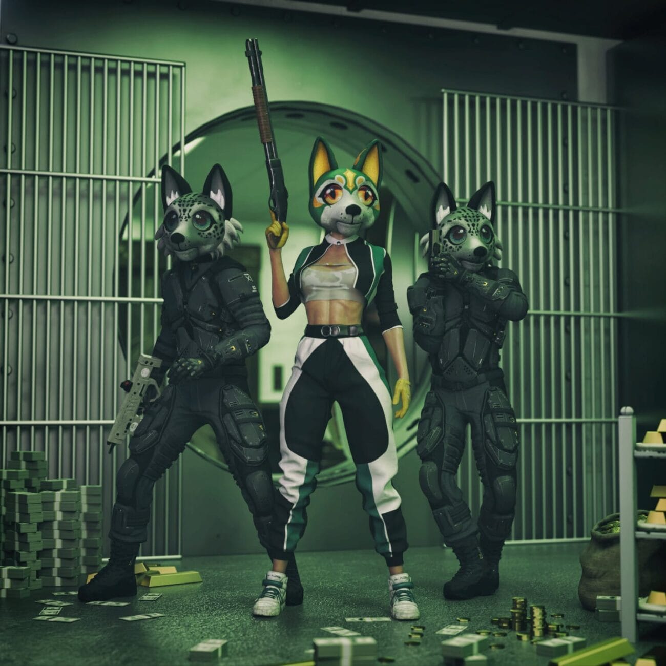 Masked fox heist crew posing with guns in cash-filled bank vault