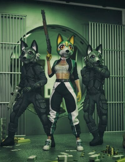 Masked fox heist crew posing with guns in cash-filled bank vault