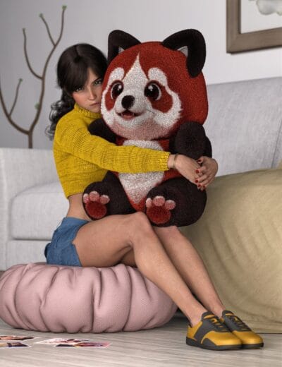 Young woman hugging oversized red panda plush on a pink cushion indoors