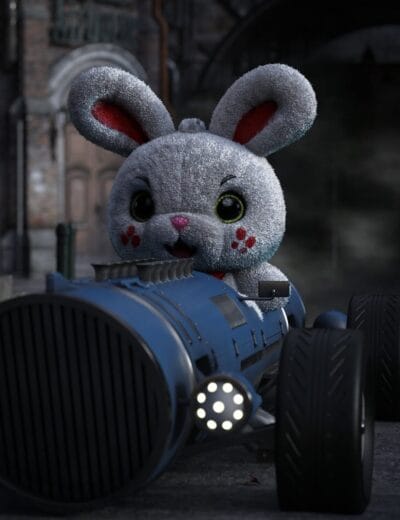 Cute plush bunny in a futuristic blue race car on a dark city street