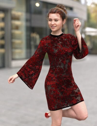 Daz Studio woman in red lace mini dress and heels outdoors