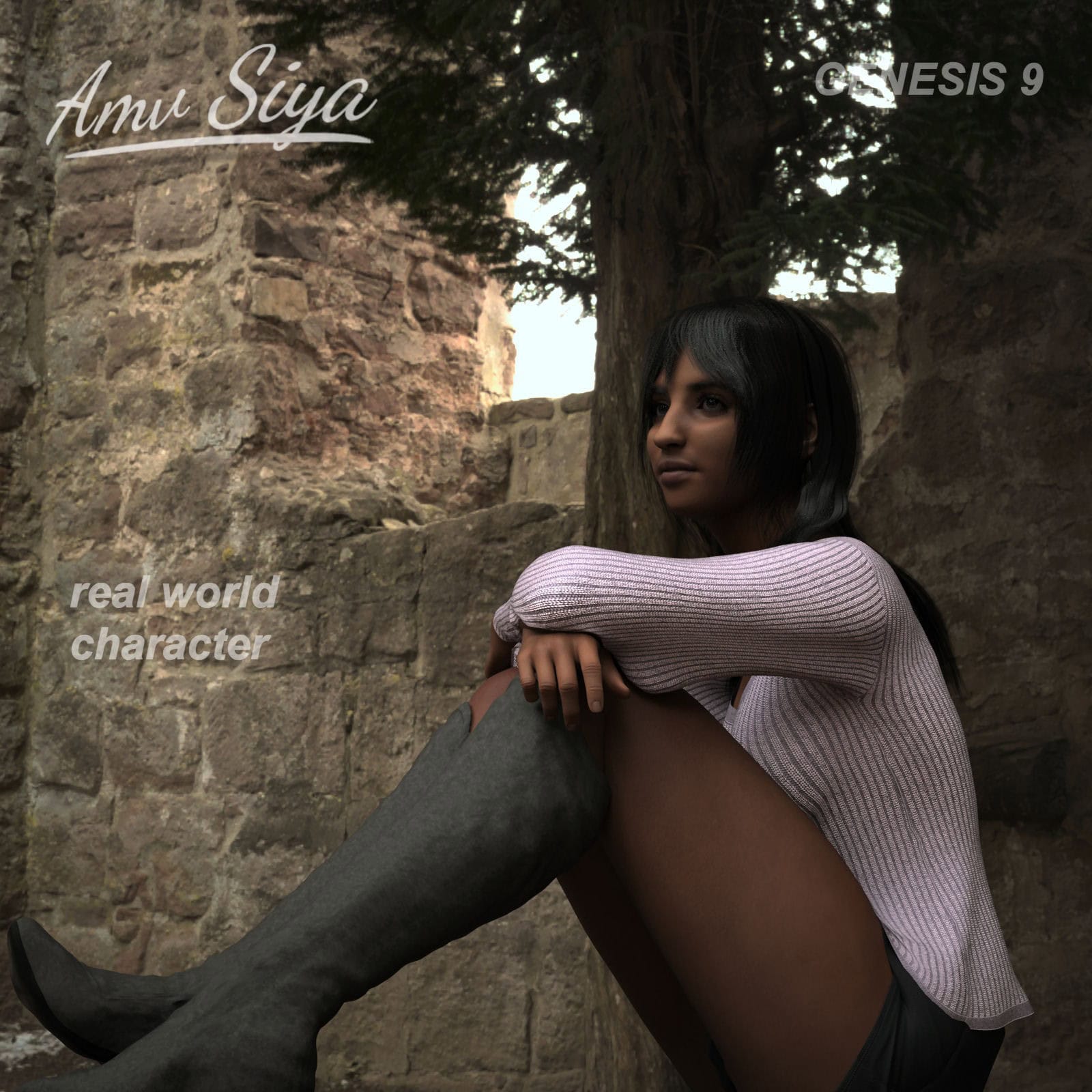 Ami Siya realistic Genesis 9 Daz character sitting in ancient ruins