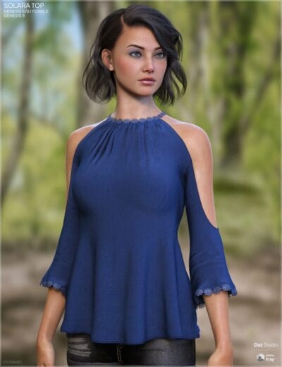 3D female model wearing blue Solara top with lace sleeves outdoors