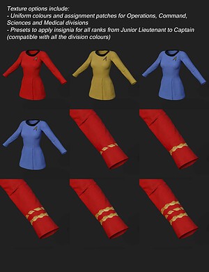 Texture options include: - Uniform colours and assignment patches for Operations, Command, Sciences and Medical divisions - Presets to apply insignia for all ranks from Junior Lieutenant to Captain (compatible with all the division colours). Both the Genesis 8 Female and Genesis 9 versions of the Oh My Laceness dress are supported. (If you installed the G9 version before late August 2024, please download the free update to that product.)