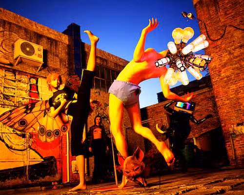 Vibrant abstract nature pattern with organic shapes and vivid colors resembling leaves and water.