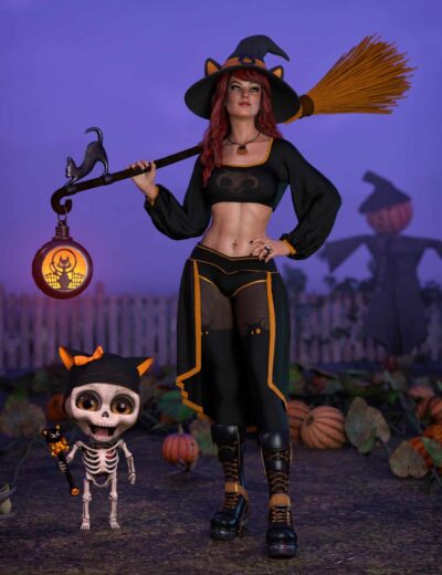 3D Witch Halloween Costume with Demon Skeleton and Jack-o'-Lantern Scene, Daz3D Halloween Digital Assets for Creative 3D Renderings and Visual Effects, High-Quality Halloween-themed 3D Models for Artists and Designers.