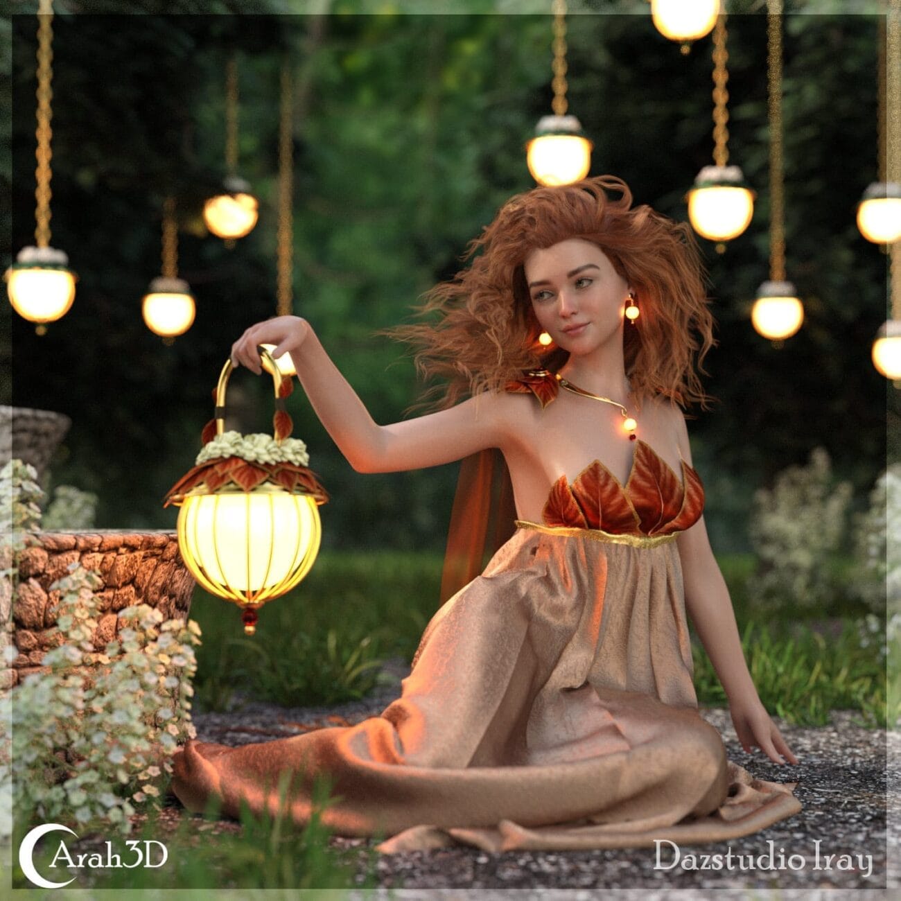 Arah3D, DazStudio Iray, fantasy female character in a luminous autumn-themed dress with lantern, in a mystical forest scene with hanging lights, showcasing detailed 3D assets for digital art and Unreal rendering.