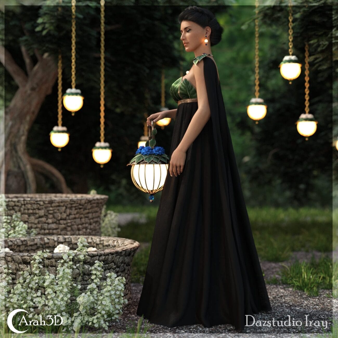 Elegant woman in black evening gown holding a decorative lantern, standing outdoors near stone planters and hanging lights, a scene created with high-quality 3D assets for realistic character design.