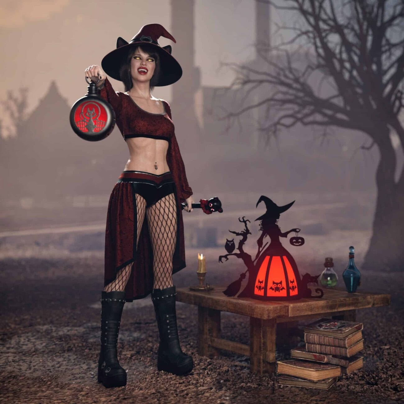 - A dark witch costume featuring a witch hat, fishnet stockings, and a revealing red and black outfit, holding a potion bottle in a spooky outdoor Halloween scene.