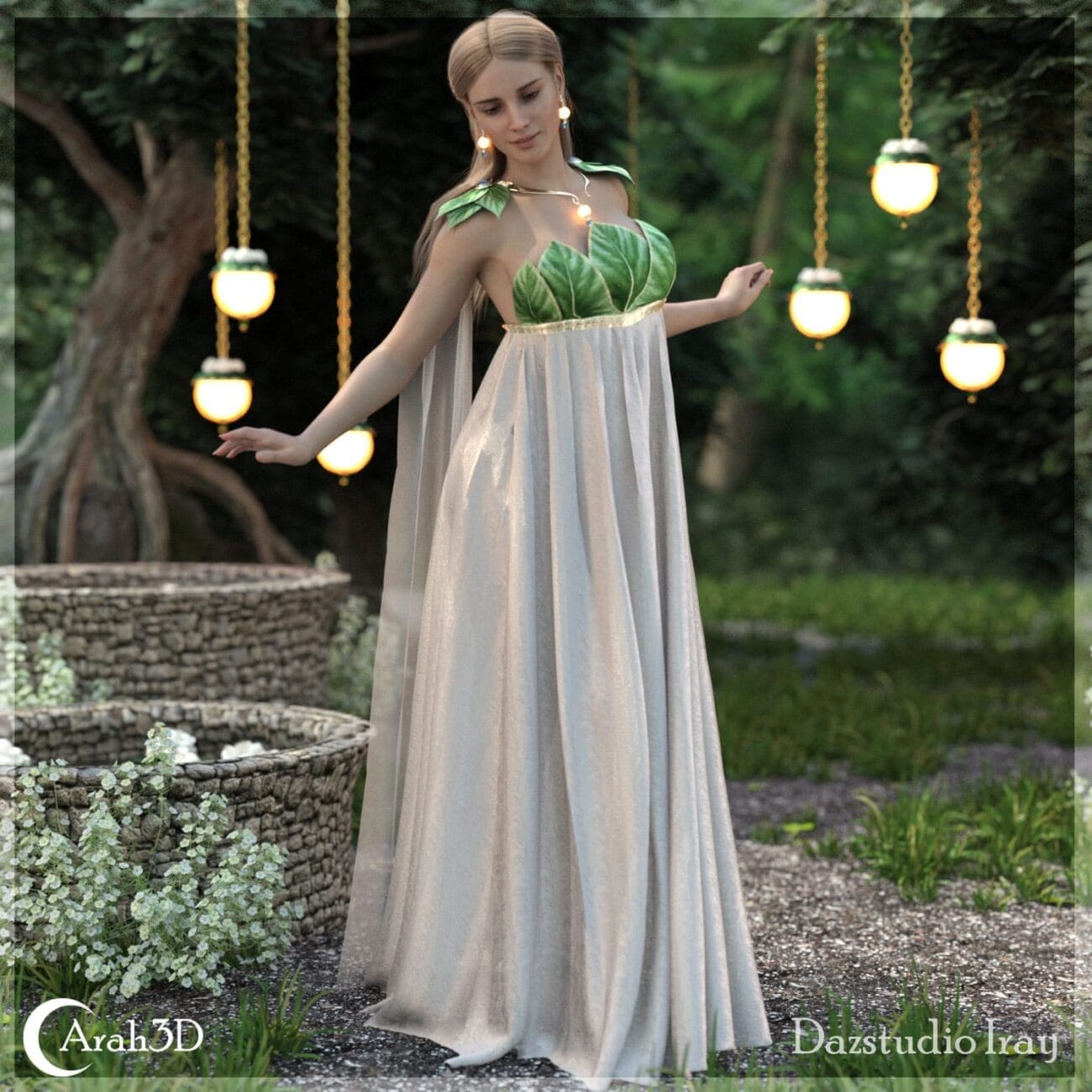 A woman in an elegant fantasy dress with leaf motifs stands outdoors among lush greenery and glowing lanterns, showcasing high-quality character assets for digital art and 3D modeling.
