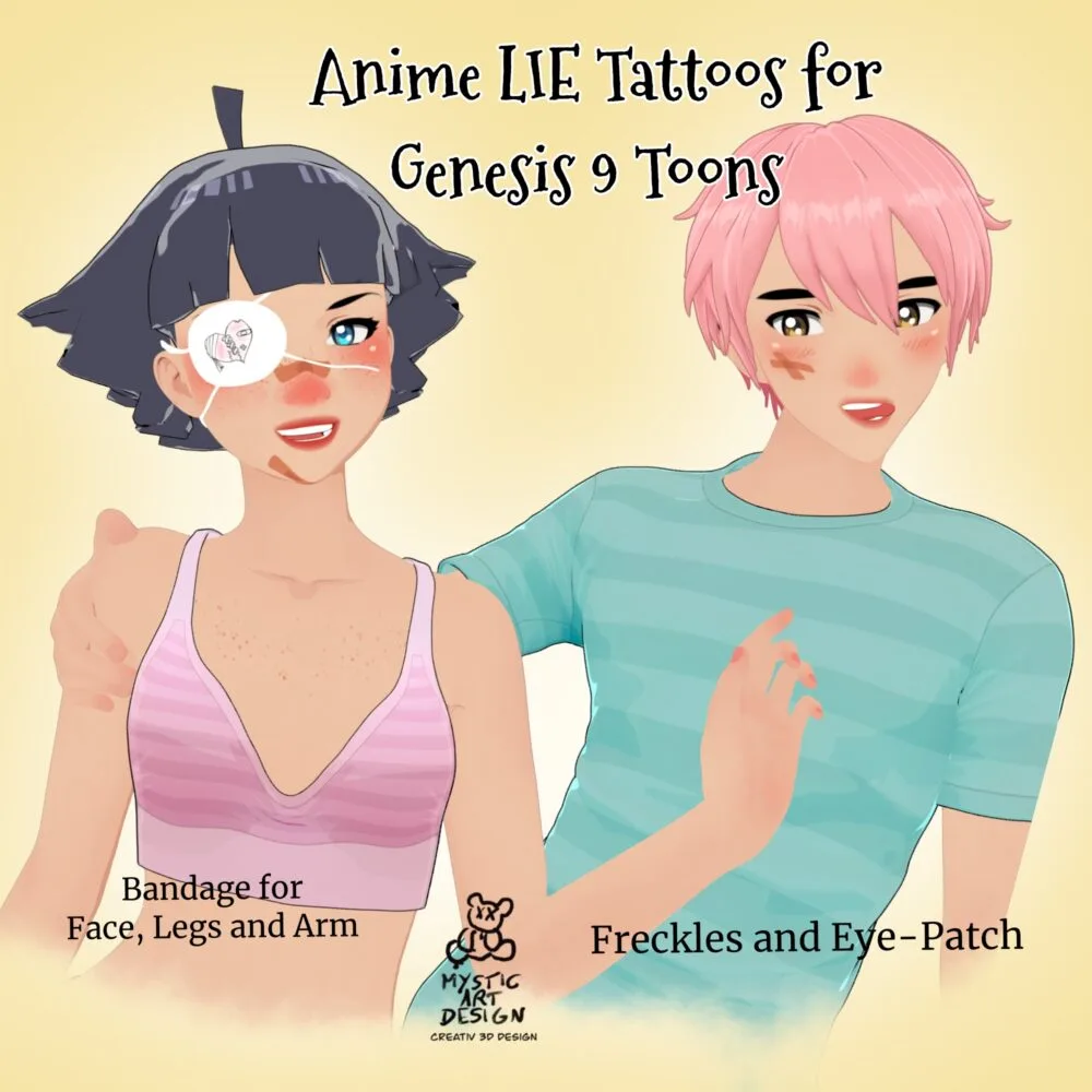 Anime Lie Tattoos Genesis 9 Toons - 3D digital artwork featuring characters with bandages, freckles, and eye patches, showcasing detailed anime-inspired designs and expressions.