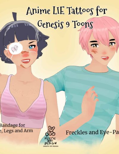 Anime Lie Tattoos Genesis 9 Toons - 3D digital artwork featuring characters with bandages, freckles, and eye patches, showcasing detailed anime-inspired designs and expressions.
