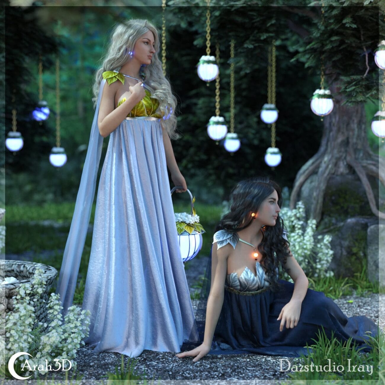 Elegant fantasy female characters in a magical forest scene, featuring high-quality Daz3D assets, detailed costumes, enchanting lighting, and realistic textures for stunning 3D art.