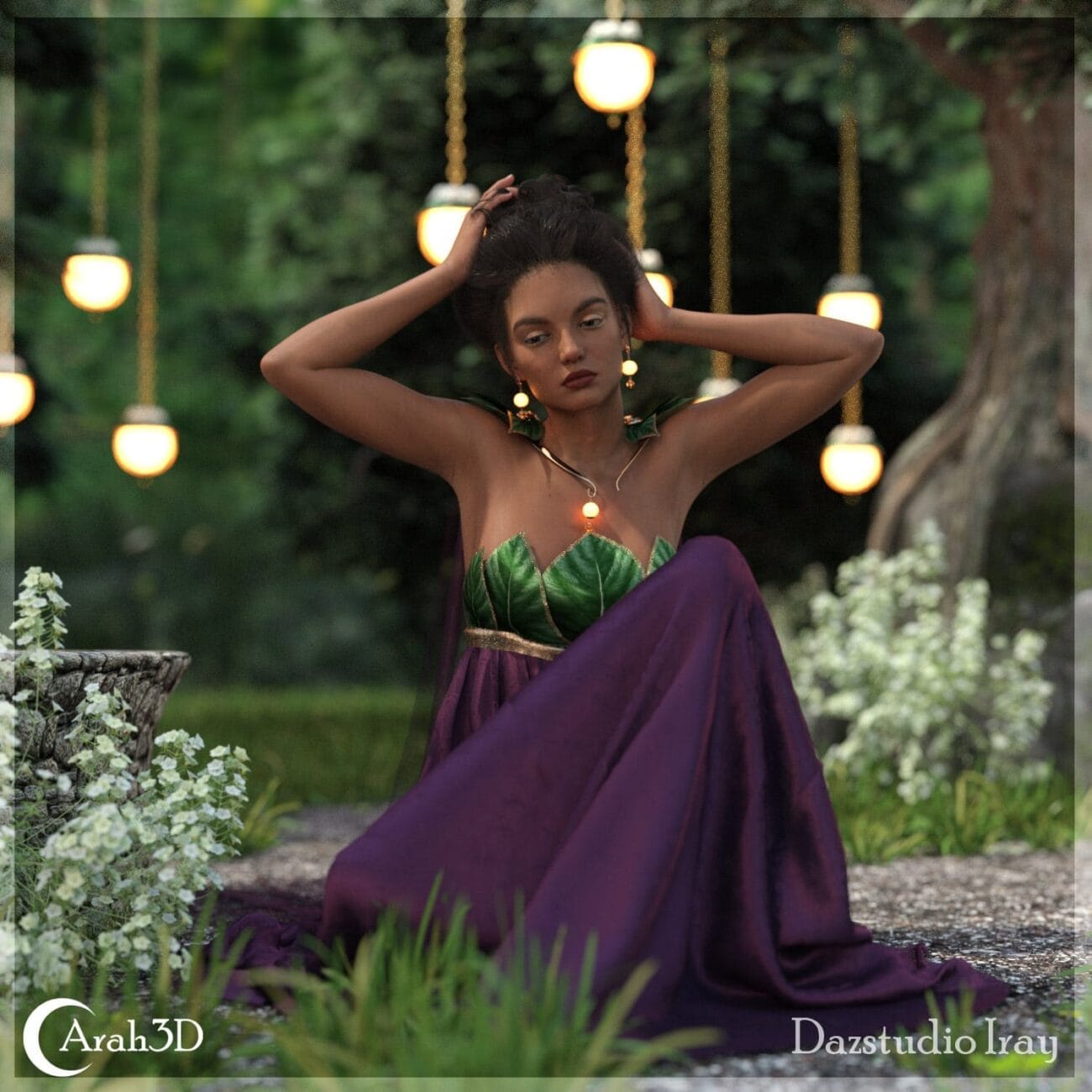 Wild fantasy character in lush forest setting with illuminated hanging lights, detailed 3D fantasy female model from Daz3D assets, artist Arah3D, studio Iray render.