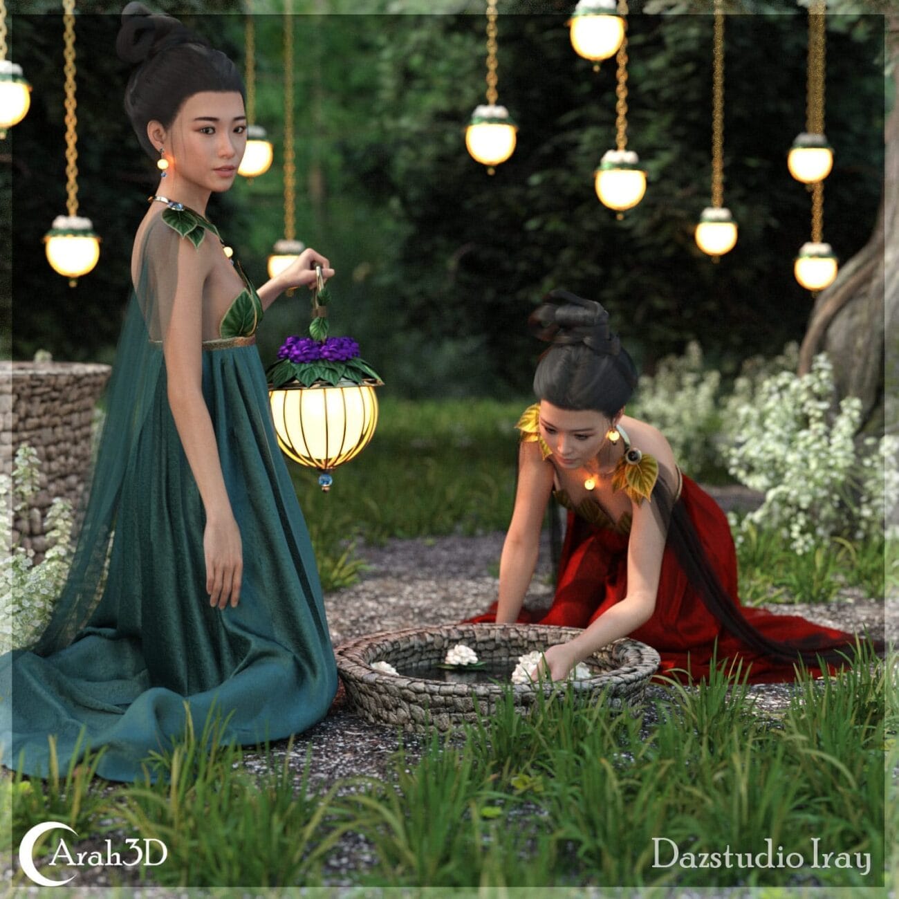 Elegant fantasy women in traditional Asian-inspired dresses with lanterns in a lush garden setting. 3D digital art of mythical characters, detailed textures, and vibrant colors.