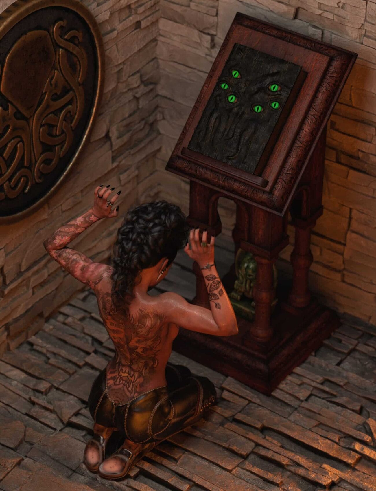 3D Shards - High-quality Daz3D assets featuring a tattooed woman kneeling and appearing to communicate with a wooden panel embedded with glowing green eyes, set in a realistic interior with detailed textures.