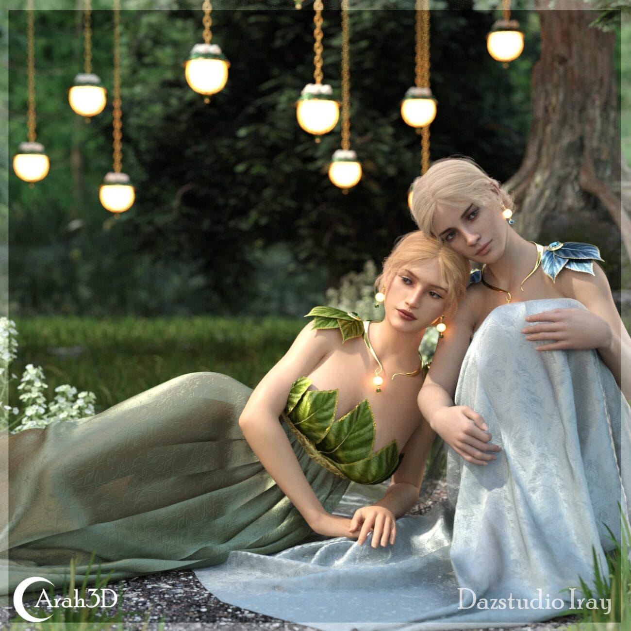 Moonlit fantasy scene featuring two ethereal women with leaf-inspired accessories in a lush forest setting with hanging lanterns, perfect for enchanting digital art projects.
