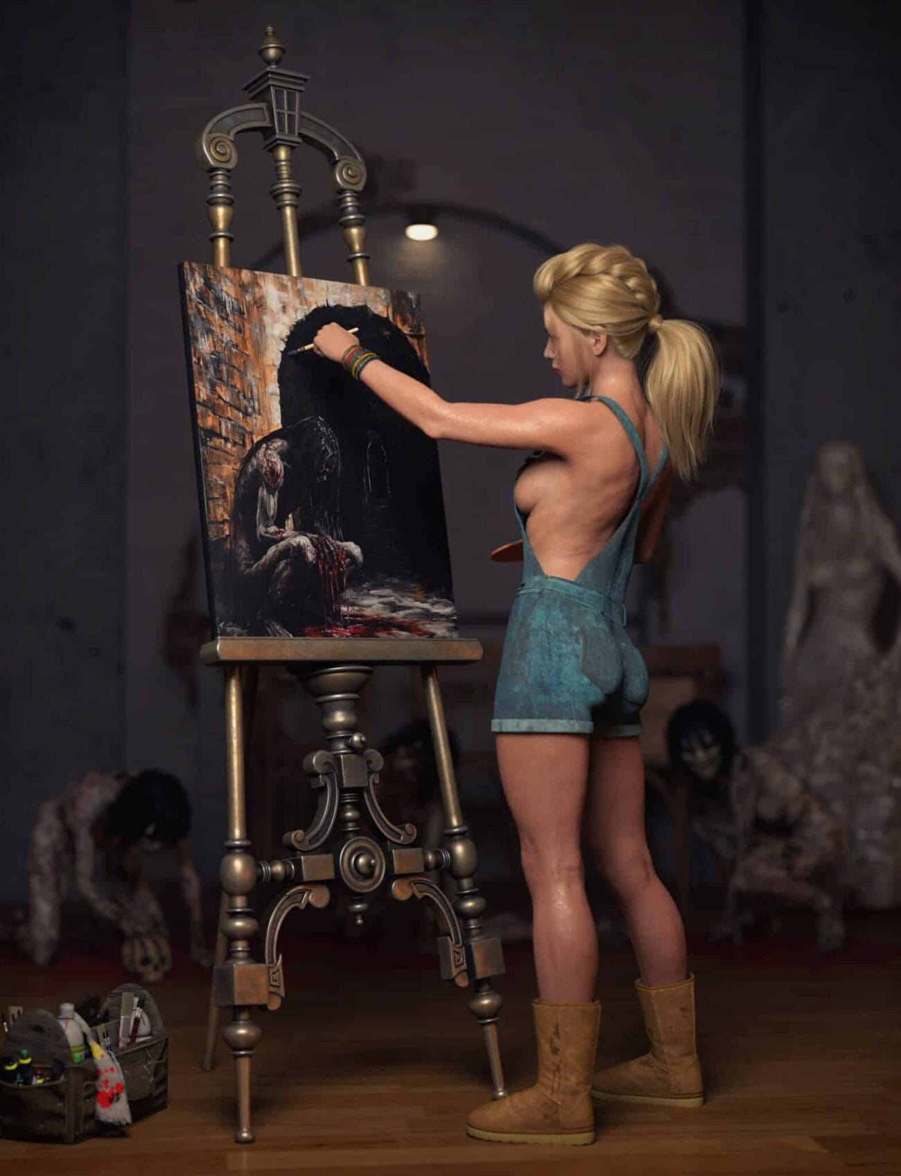 Vibrant digital painting in a realistic art style featuring an artist painting a dark-themed artwork on an easel, showcasing detailed textures and dynamic lighting; perfect for Daz3D assets.