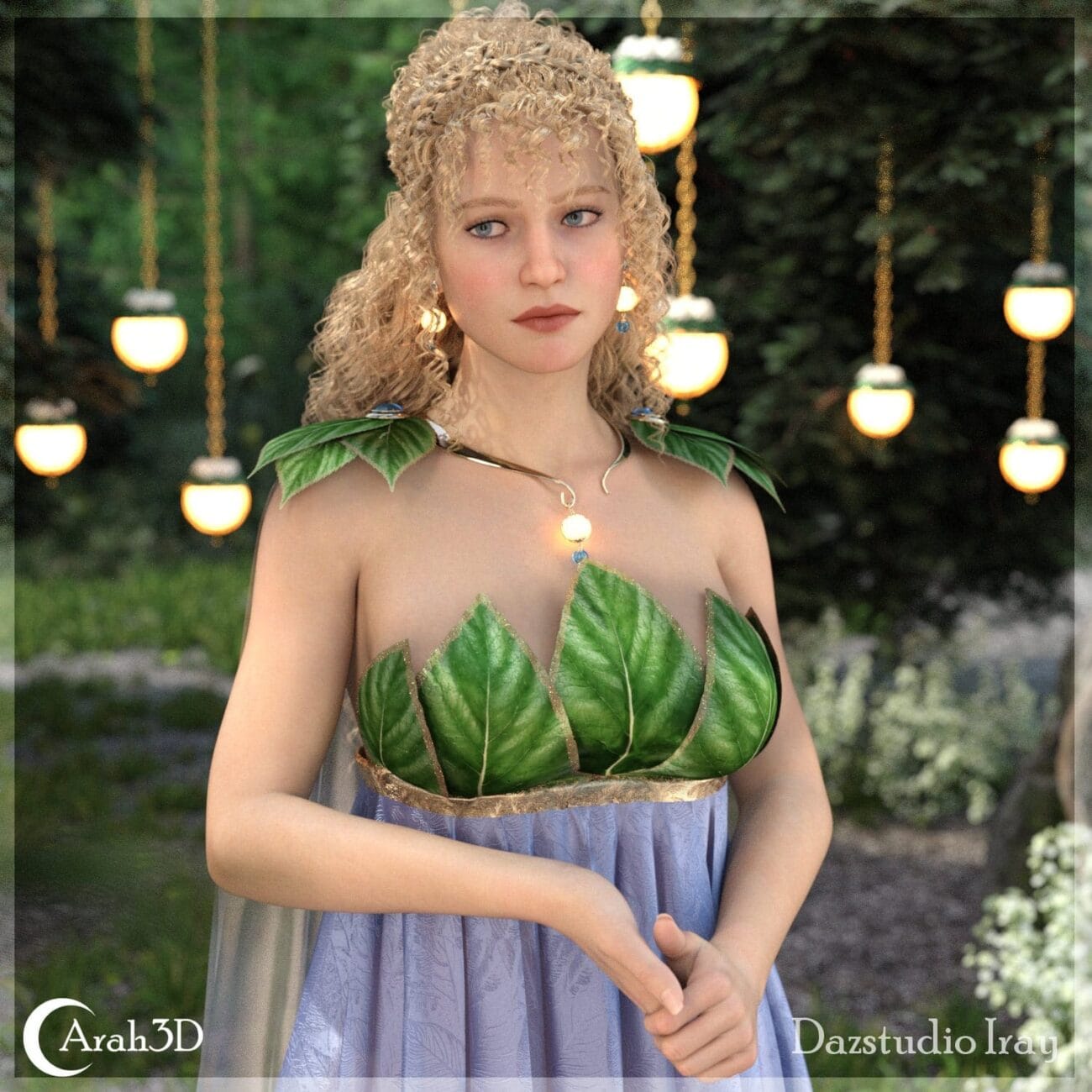 Foresty fantasy character dressed as nature goddess with large green leaf details, jewelry, and flowing gown in a lush outdoor setting with glowing lanterns, 3D digital art style.