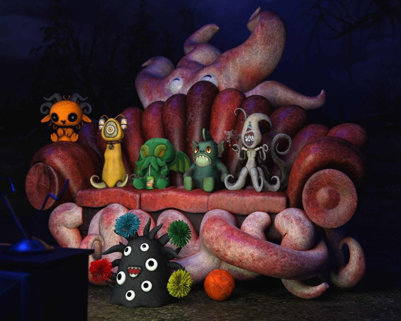 3D creatures seated on a whimsical pink and red sofa, featuring fantastical tentacled beings and small monster-like characters, showcasing high-quality Daz3D assets for creative 3D rendering.