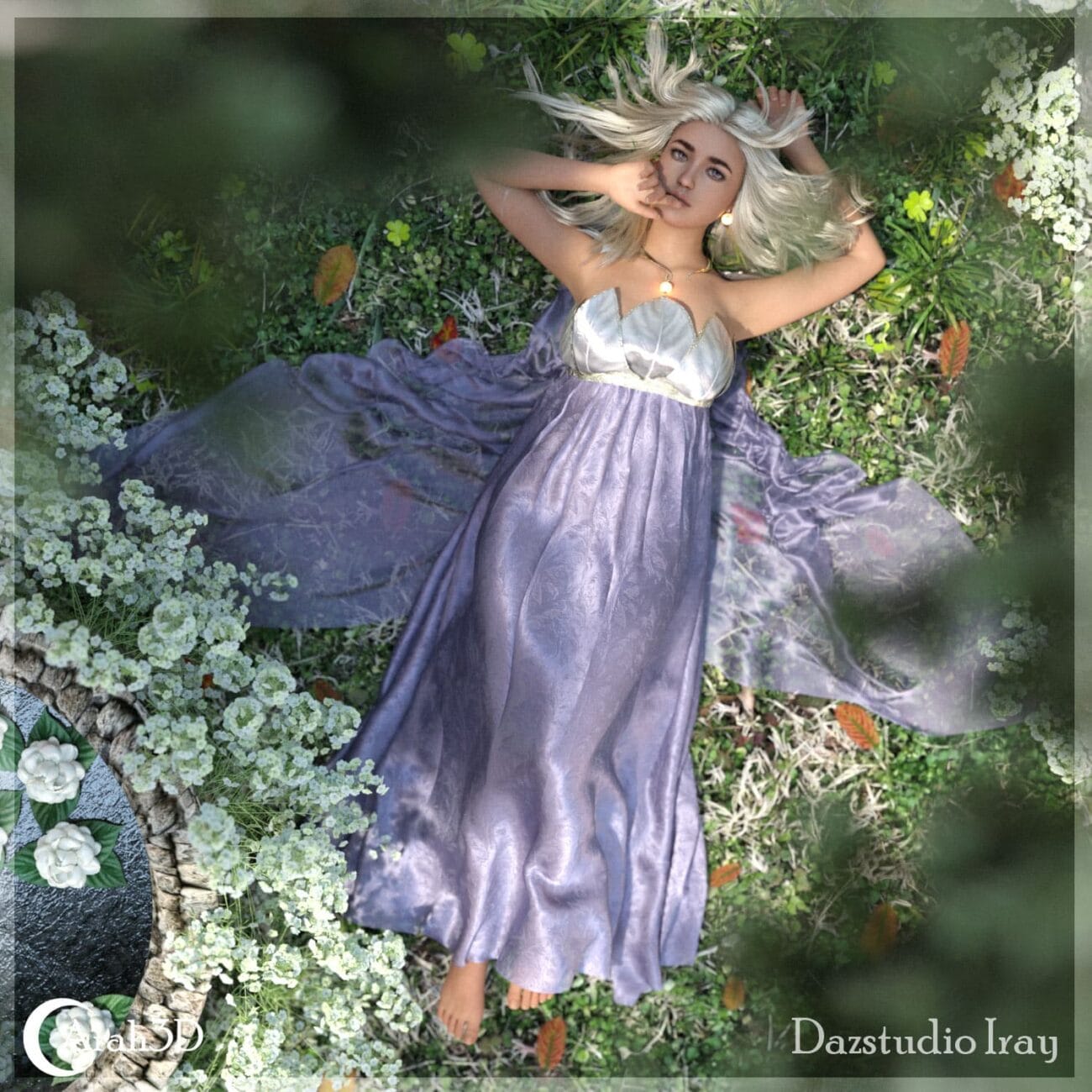 Silvery lavender gown woman lying on lush green grass with white flowers, 3D Daz3D asset, high-quality fantasy character model, detailed skin and hair, perfect for digital art and scene creation.