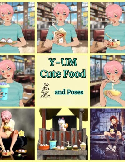 Cute anime-style girl holding sushi rolls and ramen with pink hair and blue eyes, various food poses showcasing 3D Daz3D assets, in vibrant restaurant and outdoor settings for engaging social media content.
