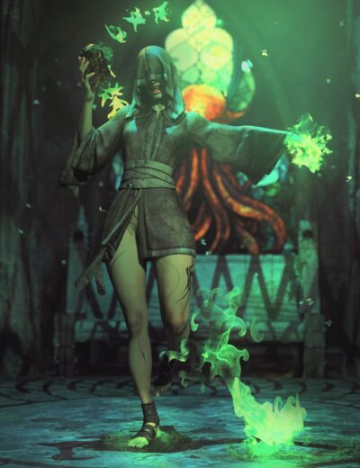Dark sorcerer character casting green flame magic in a mysterious forest scene, highly detailed 3D model with fantasy-themed clothing and glowing effects, perfect for Daz3D assets.