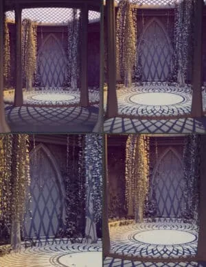 Intricate 3D design of garden gazebo with floral hanging decorations, detailed shadow patterns, and elegant architectural elements, created using high-quality Daz3D assets for realistic visual effects.