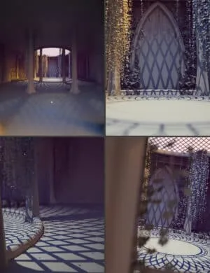 Intricate 3D render of a fantasy arched doorway adorned with hanging vines, showcasing detailed architecture and shadow effects, perfect for Daz3D assets.