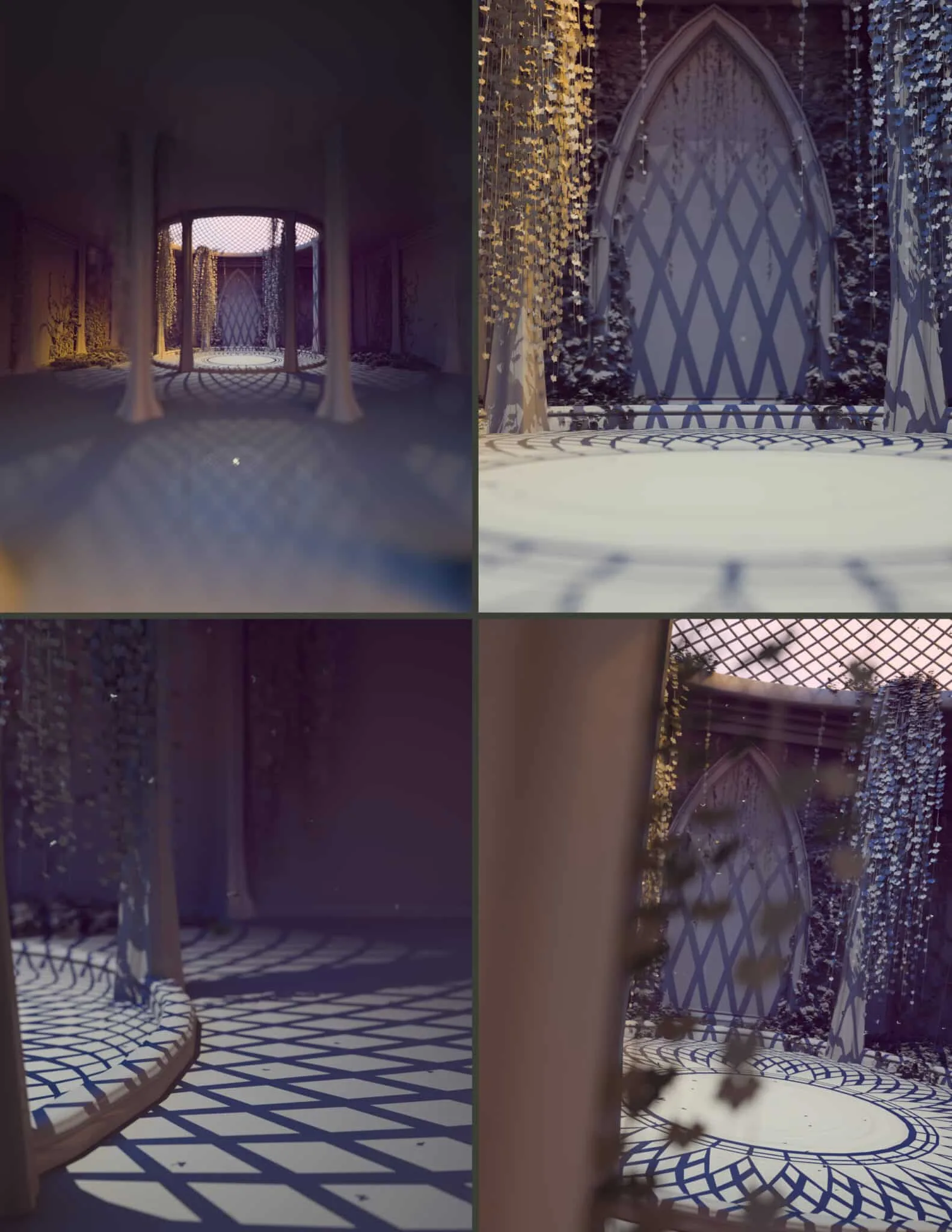 Intricate 3D render of a fantasy arched doorway adorned with hanging vines, showcasing detailed architecture and shadow effects, perfect for Daz3D assets.